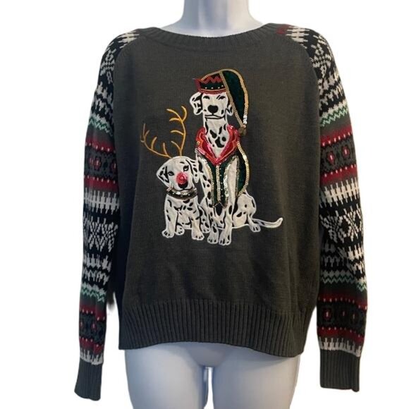 Ugly Christmas Sweater - Festive Dalmatian Reindeers Design in Gray and Red, Med - Picture 1 of 5